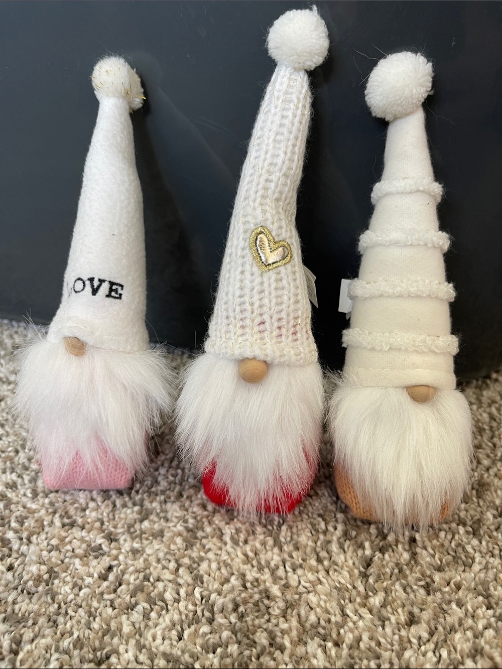 Set of 3 White Bearded Gnome Figurines with Pink and Red Accents